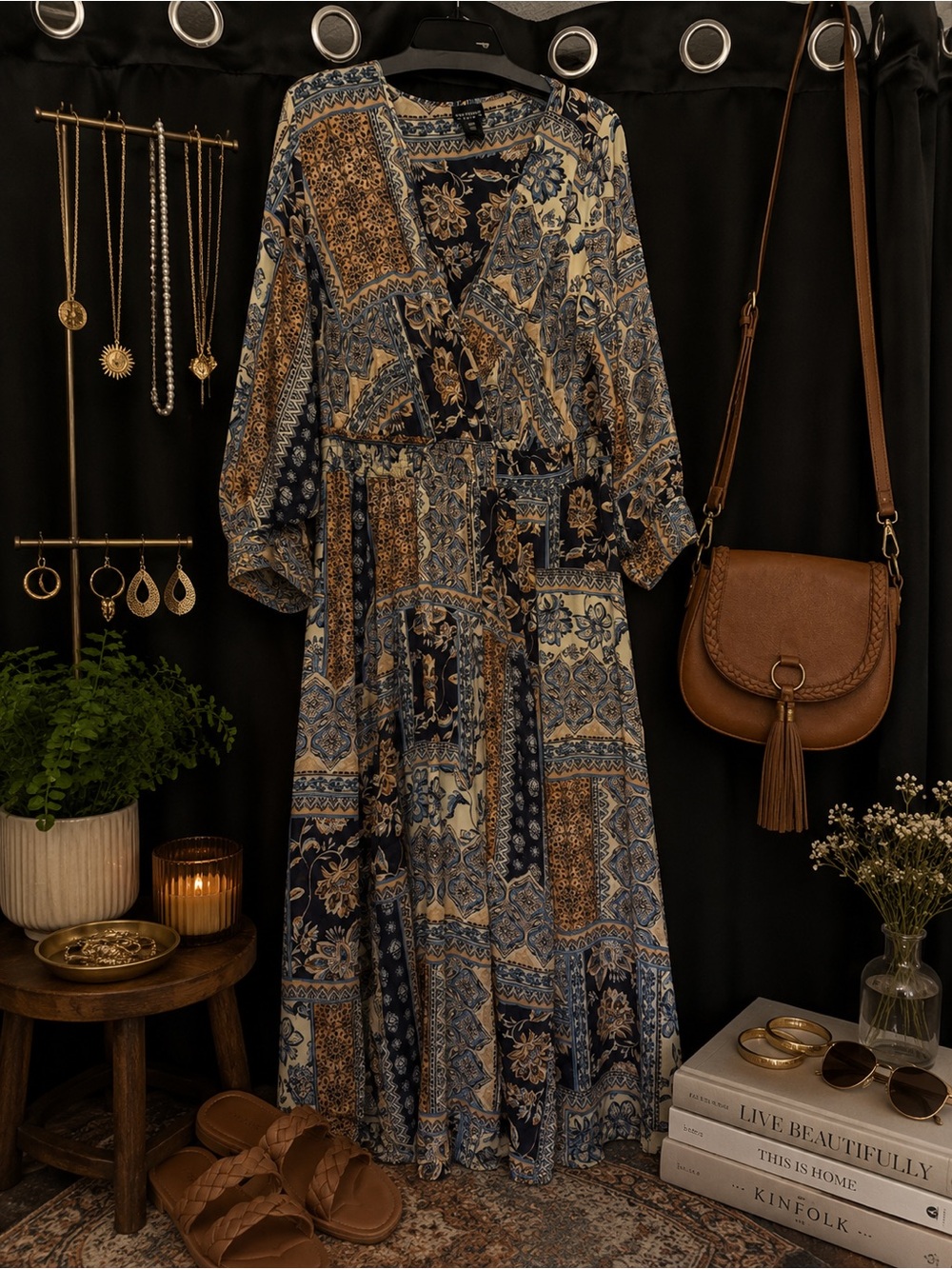 Enfocus Studio Patchwork Maxi Dress in Navy and Cream with Brown Accents